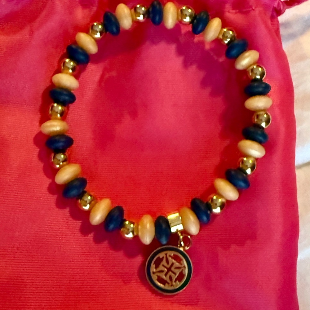 Rustic Cuff Retired Gold & Blue Beaded Bracelet